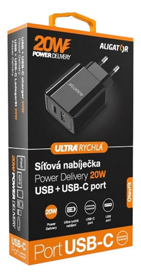 Aligator DC adaptér Power Delivery 20W,USB-C+USB-A3