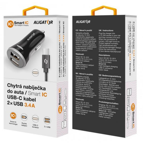 Aligator CL adaptér 3.4A, 2xUSB + USB-C kabel5