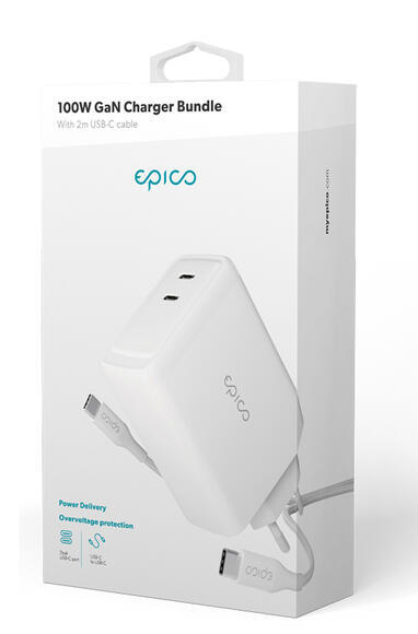 Epico GaN 100W Nabíječka 2xUSB-C+USB-C kabel Bílá8